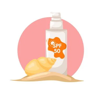 Sunscreen lotion on a pink background with a seashell. Moisturizing and Stock Illustration
