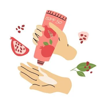 Sunscreen packaging with pomegranate fruit. Vector cosmetic tube and sunblock Illustrazione stock