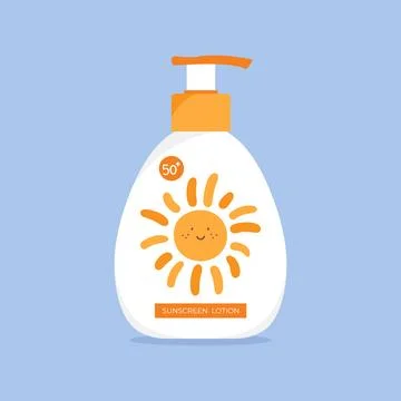 Sunscreen product design with a cute hand drawn sun. Pump bottle Stock Illustration