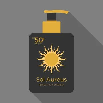 Sunscreen product package design with a golden sun. Pump bottle Stock Illustration