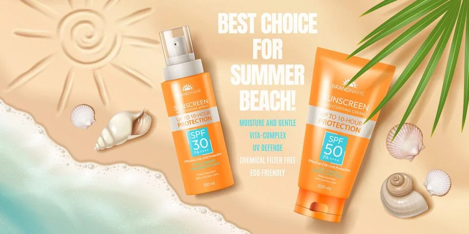 Sunscreen Products on Beach Background Stock Illustration