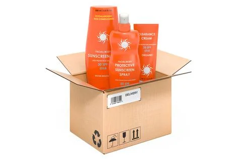 Sunscreen products inside parcel. 3D rendering Illustration