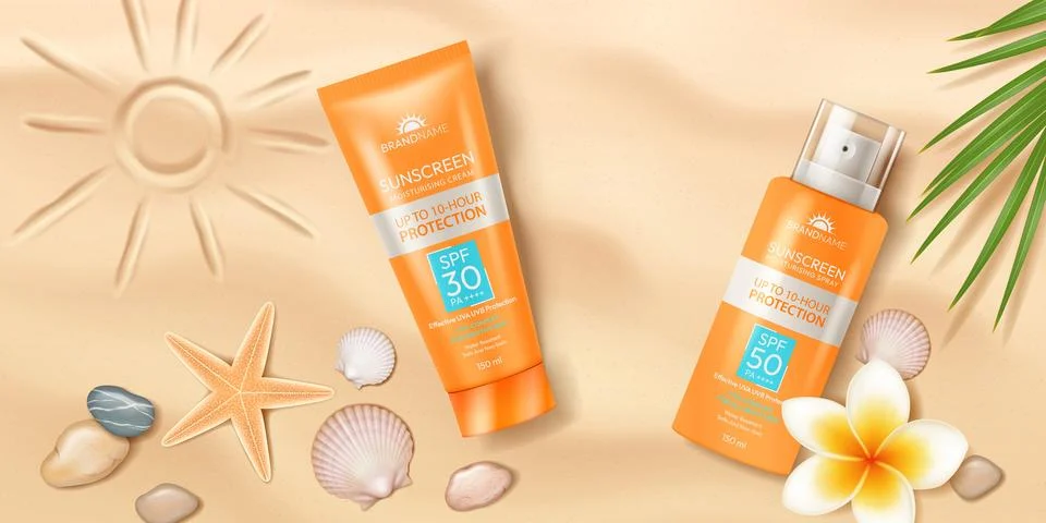 Sunscreen Products on Sandy Beach Background Stock Illustration