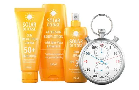 Sunscreen products with stopwatch. 3D rendering 스톡 일러스트