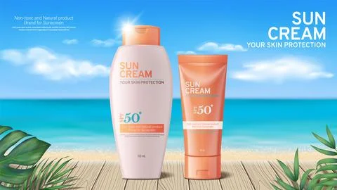 Sunscreen Protection on Tropical Beach Background Stock Illustration