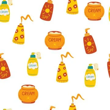 Sunscreen seamless pattern. Sun safety. Summer cosmetic. Tubes and bottles of Stock Illustration