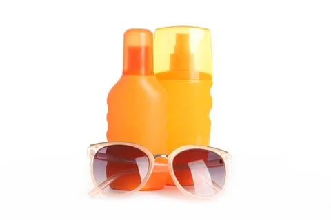 Sunscreen set isolated on white protect the skin from sunlight. Stock Photos