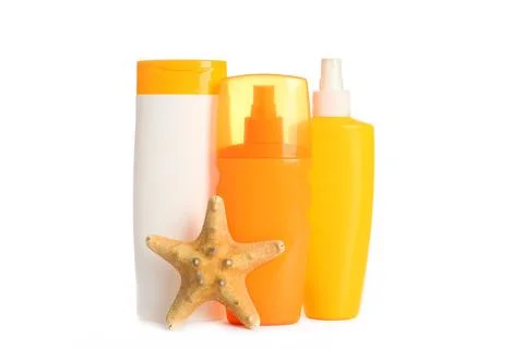 Sunscreen set isolated on white protect the skin from sunlight. Stock-Fotos