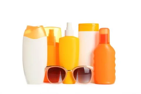 Sunscreen set isolated on white protect the skin from sunlight. Stock Photos