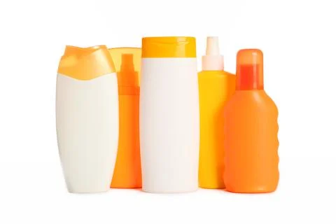 Sunscreen set isolated on white protect the skin from sunlight. Fotos Stock