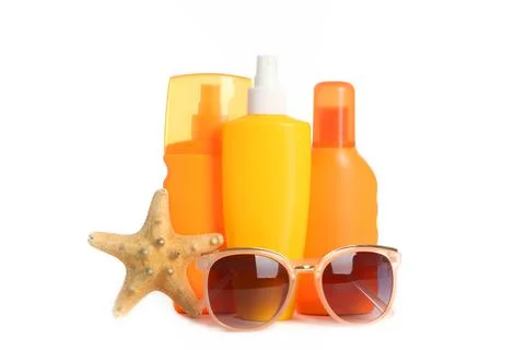 Sunscreen set isolated on white protect the skin from sunlight. Stock-Fotos