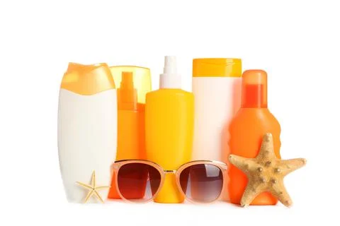 Sunscreen set isolated on white protect the skin from sunlight. Stockfoto's