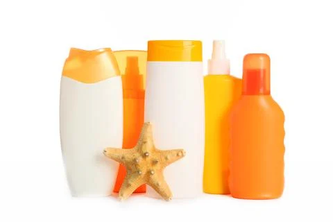 Sunscreen set isolated on white protect the skin from sunlight. Stock Photos