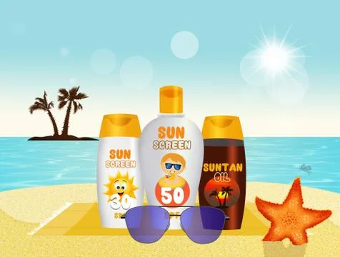 Sunscreen set with sun protection cream, lotion and suntan oil Stock Illustration