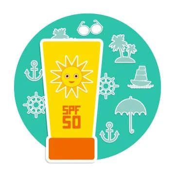 Sunscreen SPF 50 Set of summer vacation beach. Umbrella sun ship sailing Stock Illustration