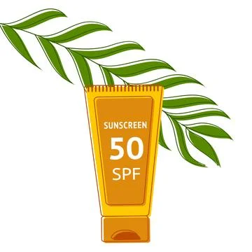 Sunscreen SPF 50, tropical leaf for ad banner. Tube of summer cosmetics. Sun Stock Illustration