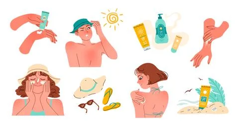 Sunscreen SPF protection. Applying sunscreen to skin Sun UV Illustrazione stock