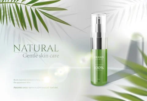 Sunscreen spray bottle on white stage with tropical leaves in 3d illustration Stock Illustration