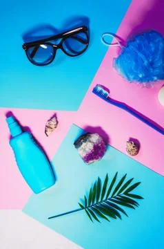 Sunscreen, spray. necessary things to relax at sea. brush, soap, washcloth Stock Photos