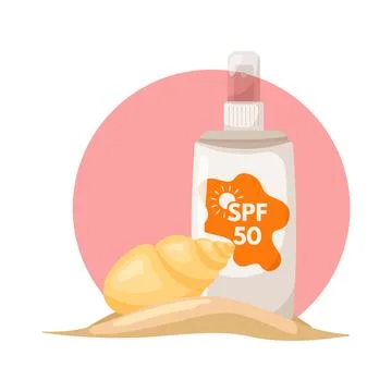 Sunscreen spray on a pink background with a seashell. Moisturizing and Stock Illustration