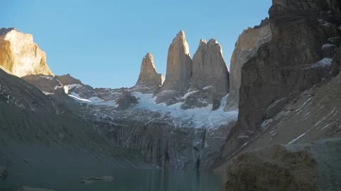 Sunset on the 3 towers of Torres del Paine, in Patagonia, Chile Stock Footage 237039069