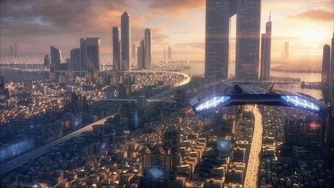 Sunset 3D City of the future Stock Footage