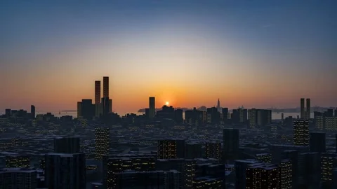Sunset 3D Render City View, High Angle, 3D Animation Stock Footage 232386205