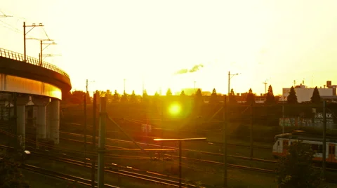 Sunset in 4k, train is leaving the train station, 4k footage. Stock Footage 66185819