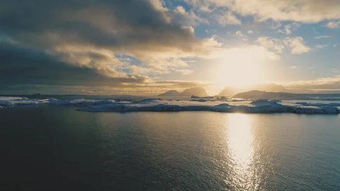Sunset Above Antarctica Snow Island Aerial Front View. Stock Footage 122949524
