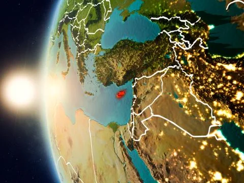 Sunset above Cyprus from space Fotos Stock