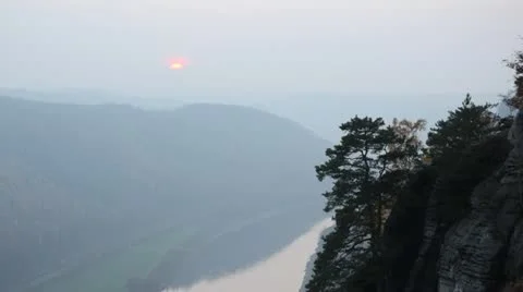 Sunset above Elbe River, Saxon Switzerland National Park, Germany Stock Footage 12766414