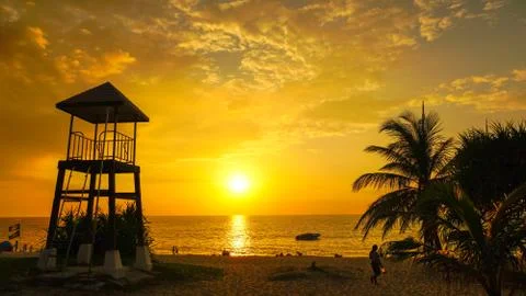Sunset above guard tower at Karon beach Phuket Fotos de archivo