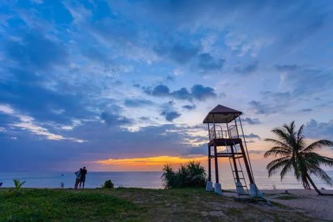 Sunset above guard tower at Karon beach Phuket Fotos de archivo