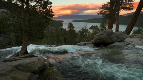 Sunset above Lower Eagle Falls and Emerald Bay, Lake Tahoe, California Stock Footage 230144622