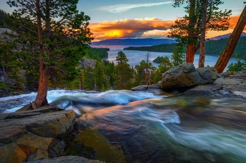 Sunset above Lower Eagle Falls and Emerald Bay, Lake Tahoe, California Fotos de archivo