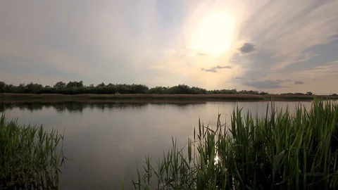 Sunset above the pond with cloudy sky at summer. Stock Footage 108858426
