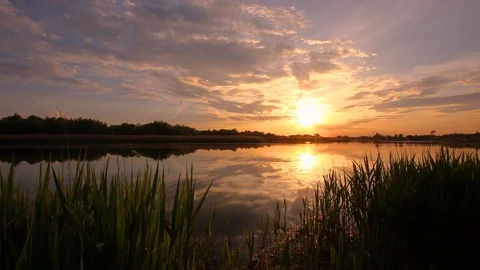 Sunset above the pond with cloudy sky at summer. Stock Footage 108858440