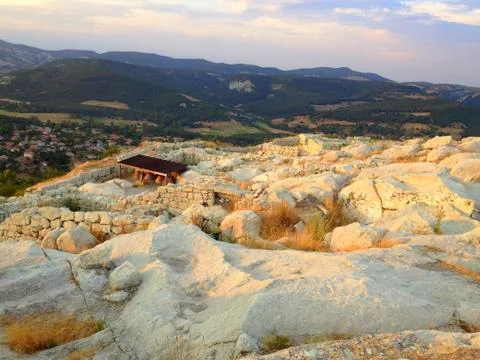 Sunset above rock massive in the mountain Stock Photos