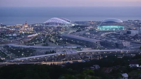 Sunset above Sochi Olympic Park. Time lapse video. Russia, No preople Vidéo 146725142