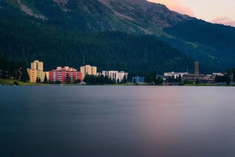 Sunset above St. Moritz with lake and Swiss Alps in Switzerland Stock Photos