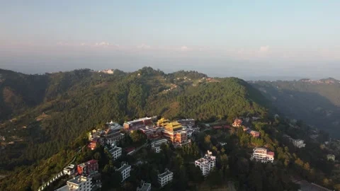 Sunset above valley Buddhist monastery Nepal in the Himalaya mountains Stock Footage 221714292