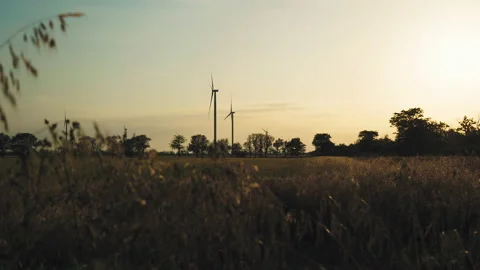 Sunset above the windmills on the field . Wind power technology - turbine Vidéo 133609052