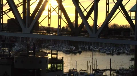 Sunset across False Creek, looking under Granville Bridge Stockbeeldmateriaal 8674353