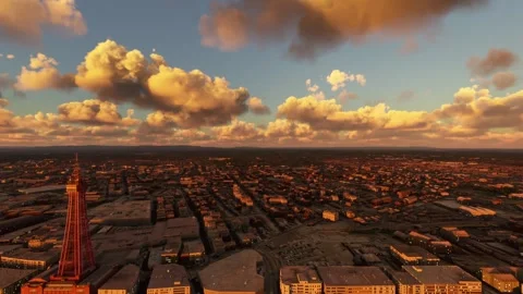 Sunset aerial of Blackpool Tower in Lancashire. United Kingdom Stock Footage 320511703