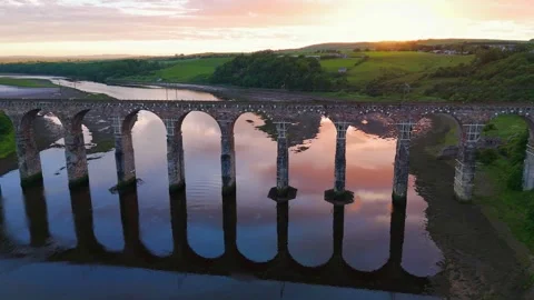 Sunset aerial clip of the Royal Border Bridge Viaduct, England, UK. Stock Footage 293491453