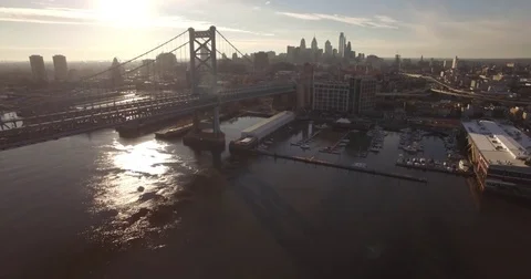 Sunset Aerial Drone Footage of Benjamin Franklin Bridge in Philadelphia Stock Footage