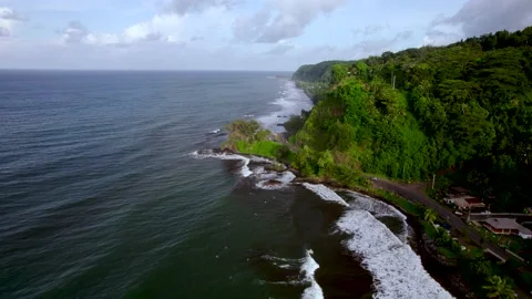 Sunset Aerial Drone High Angle Shot Tapahi Viewpoint, Tahiti Coast &amp; Waves 10Bit Stock Footage 171623678