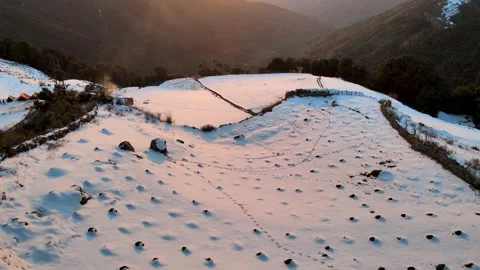Sunset aerial drone shot. camera moving forward to sun, mountains and valley  Stock Footage 158080530