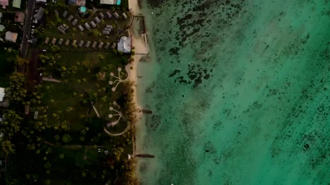 Sunset Aerial Drone Top-down Shot of Beach with Houses on Tropical Island 10Bit Stock Footage 171972334
