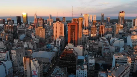 Sunset Aerial drone view of skyscrapers and buildings, Buenos Aires downtown Stock Footage 100885367